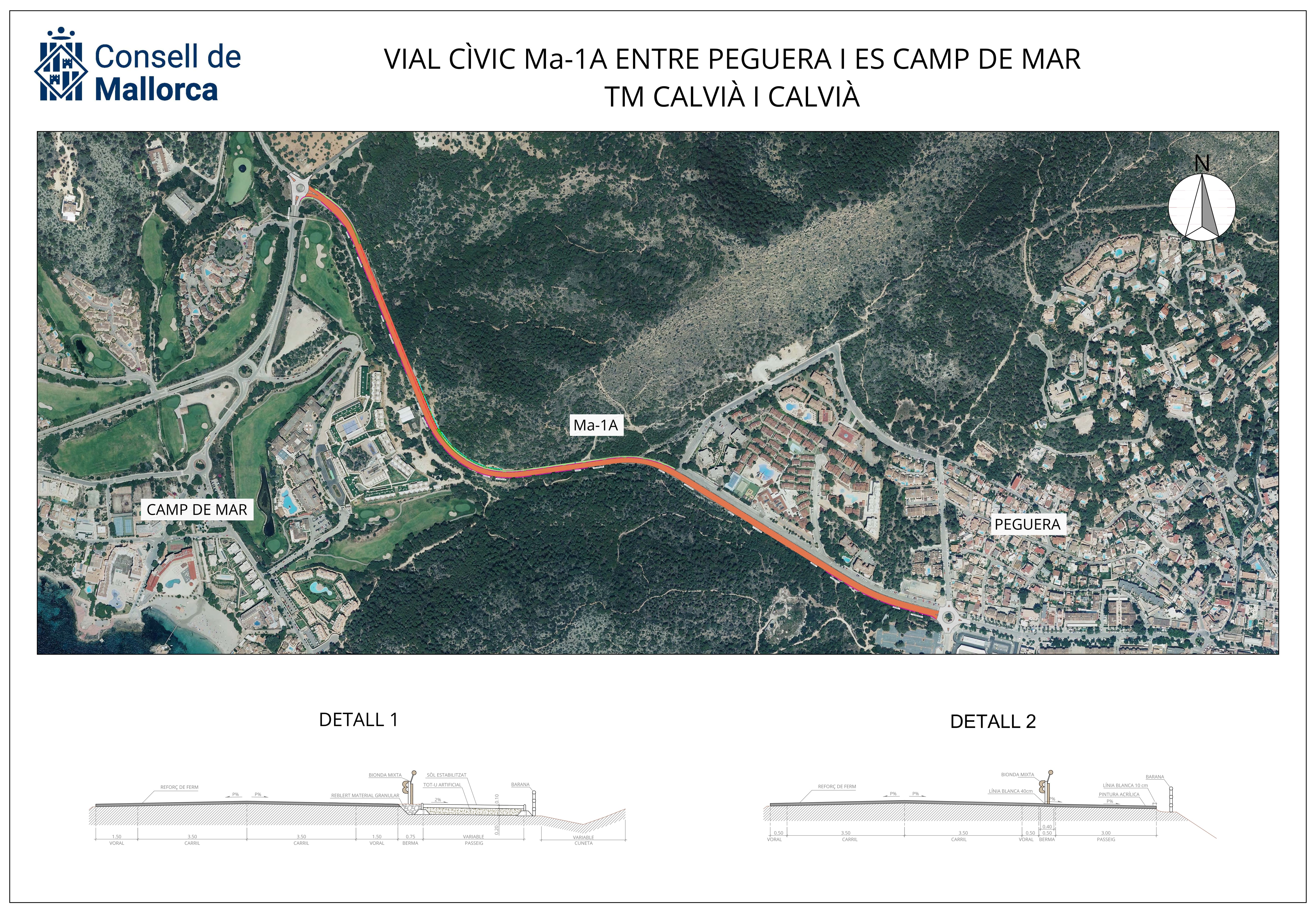 Recorregut que farà el nou vial cívic que connecta aquest tram entre les rotondes de Peguera i Camp de Mar.