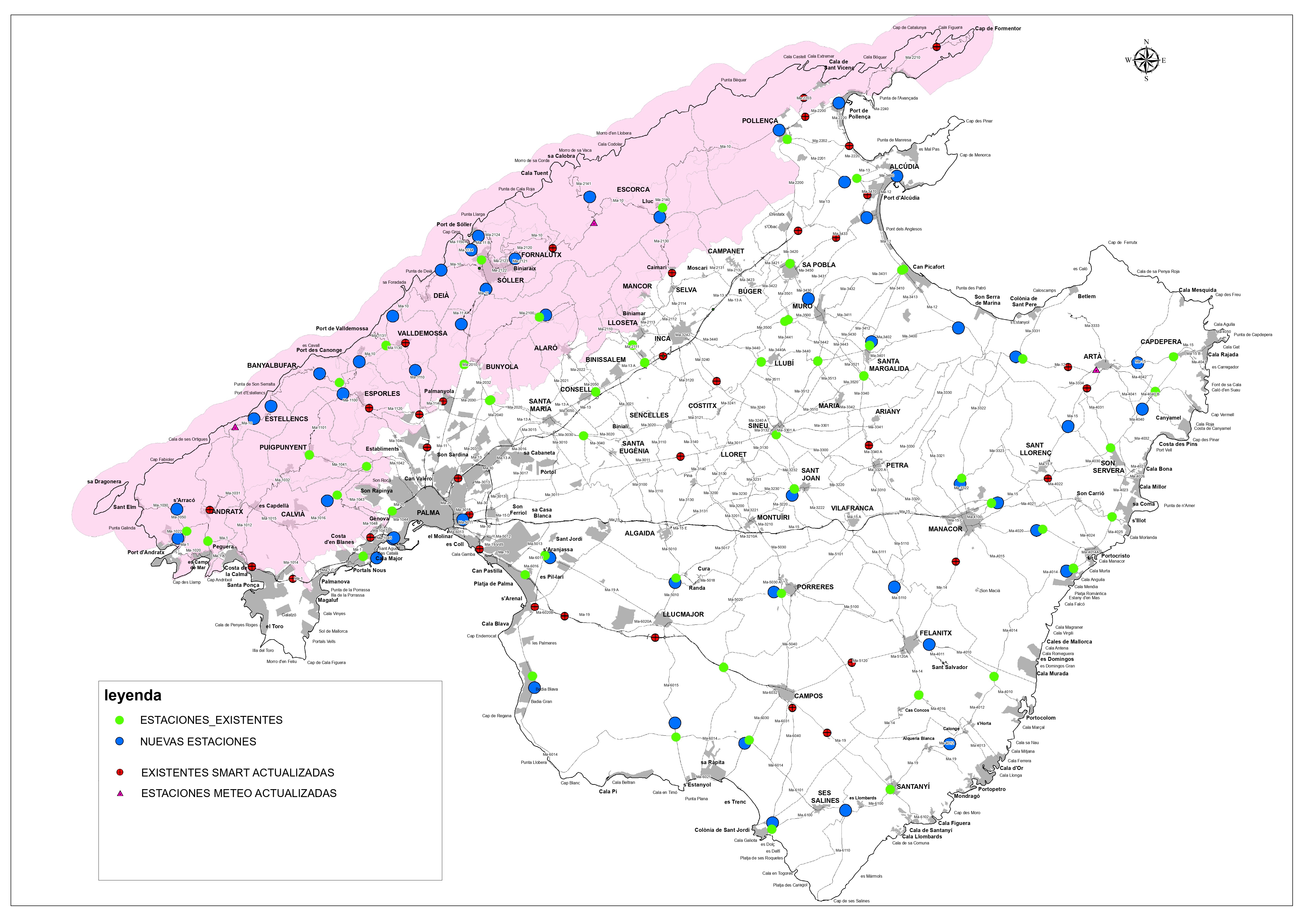 Mapa amb la nova xarxa de càmeres de vigilància situades a les carreteres de Mallorca.