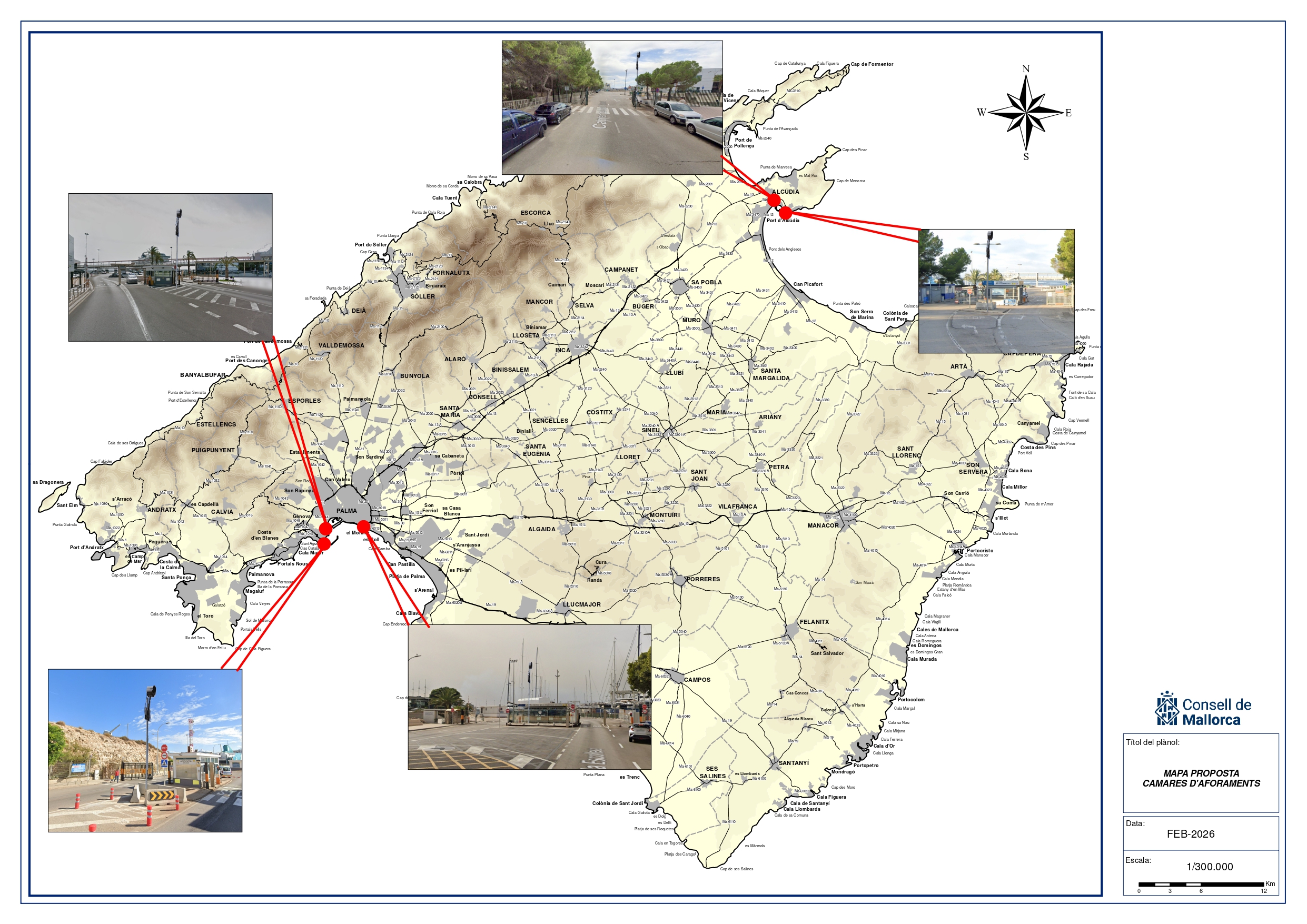 Mapa de les 5 càmeres que es posaràn als ports d'Alcúdia i Palma.