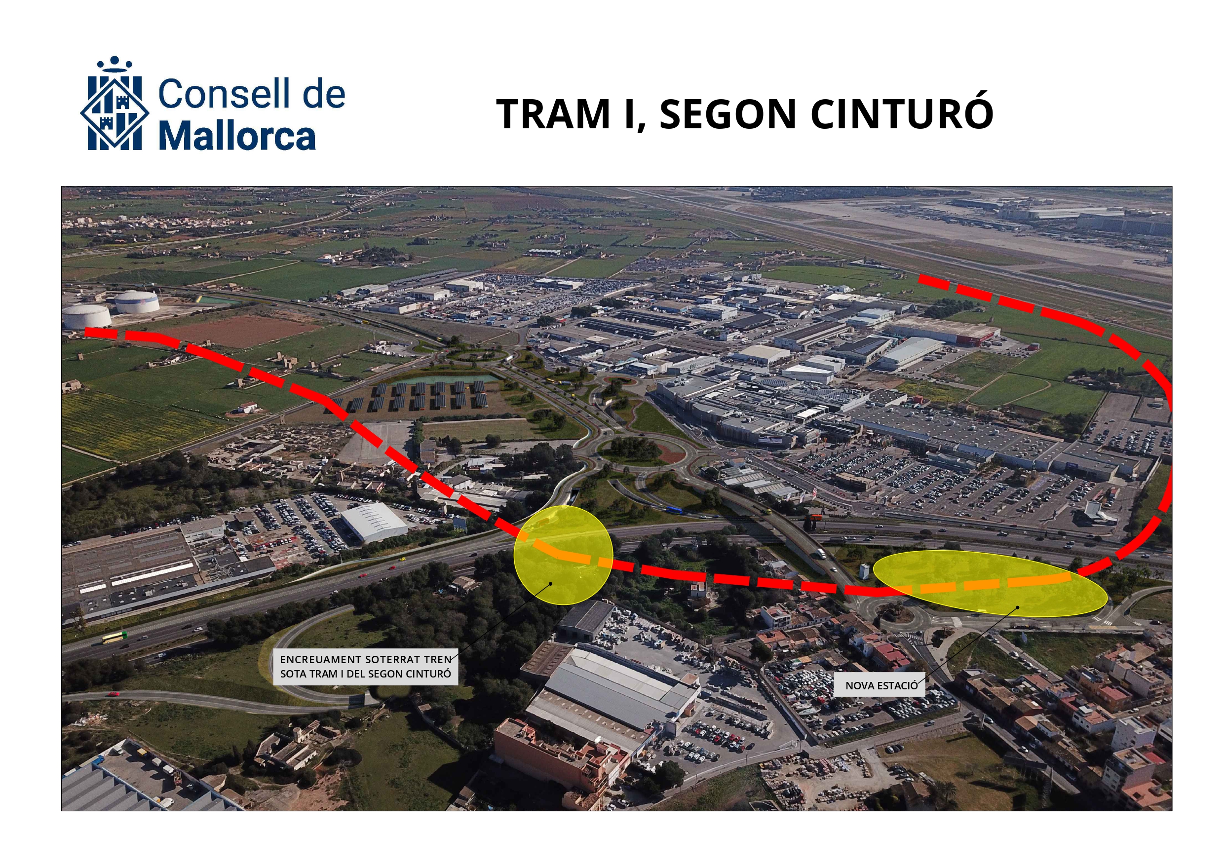  Tramo I del segundo cinturón con el trazado del tren y las nuevas ubicaciones de la estación del Coll d'En Rebassa y el cruce subterráneo.
