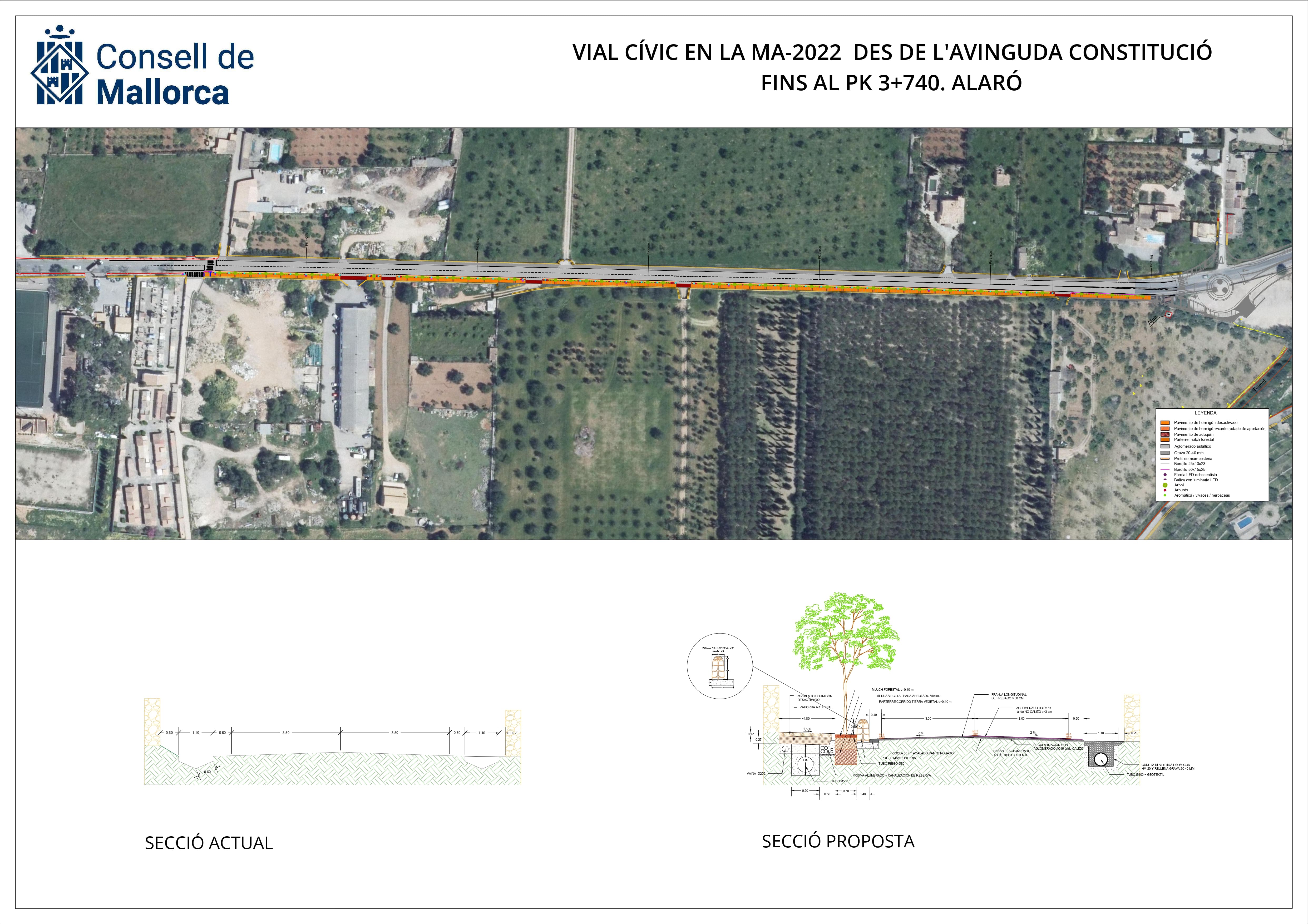 Mapa del projecte i ruta que seguirà el nou vial cívic d'Alaró.