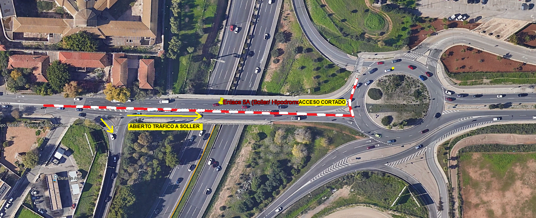 Imagen del corte de tráfico del ramal de la carretera de Sóller hacia la vía de Cintura.