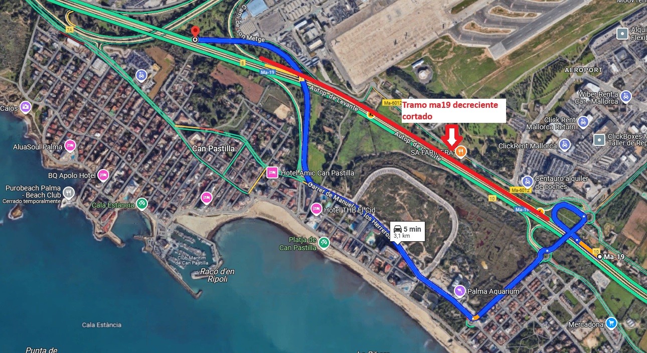 Imagen al detalle del corte de tràfico por las obras (em rojo) y la ruta alternativa per acceder a Palma y al aeropuerto (en azul).